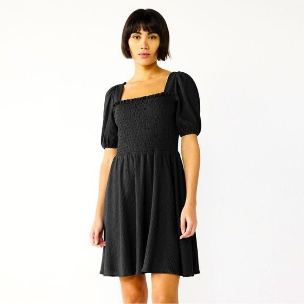 Nine West Black Smocked Puff Sleeve Babydoll Dress Women's M Petite